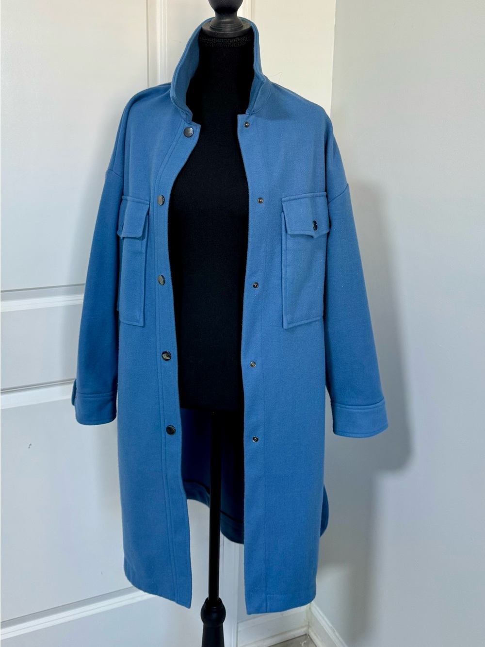 Shinestar Sky Blue Snap-Front Long Pea Oversize coat